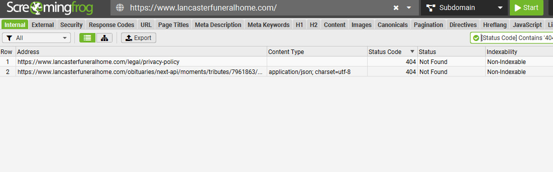 404 code status pages on a funeral home website