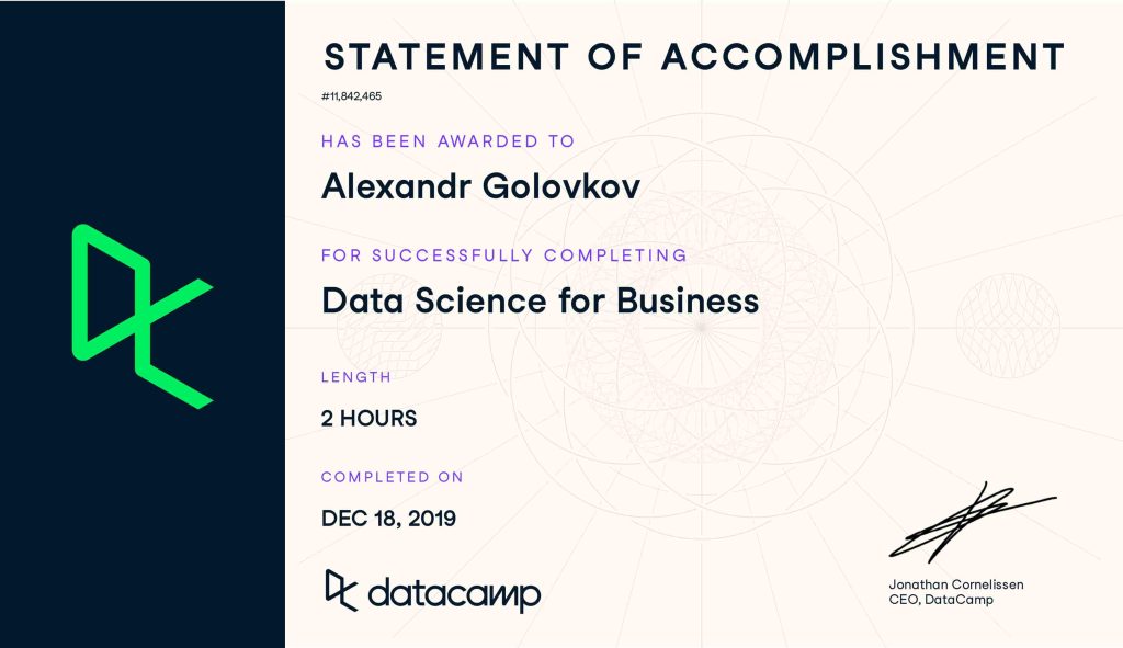 Data Science for Business Course Certificate