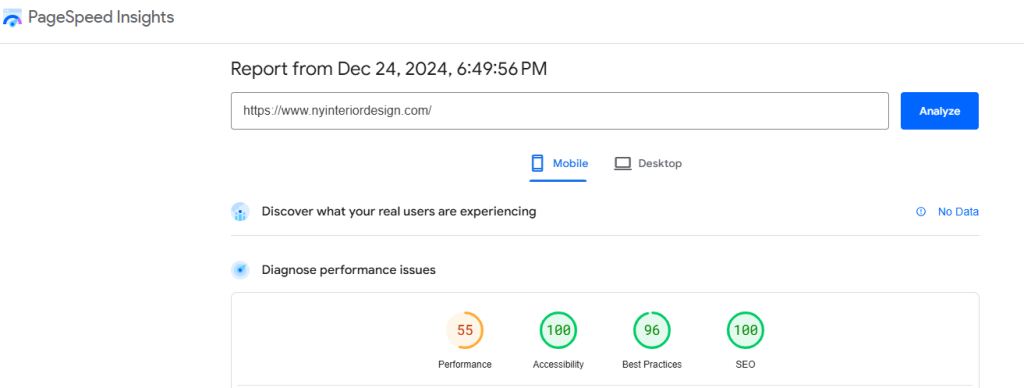 Google PageSpeed Insights results