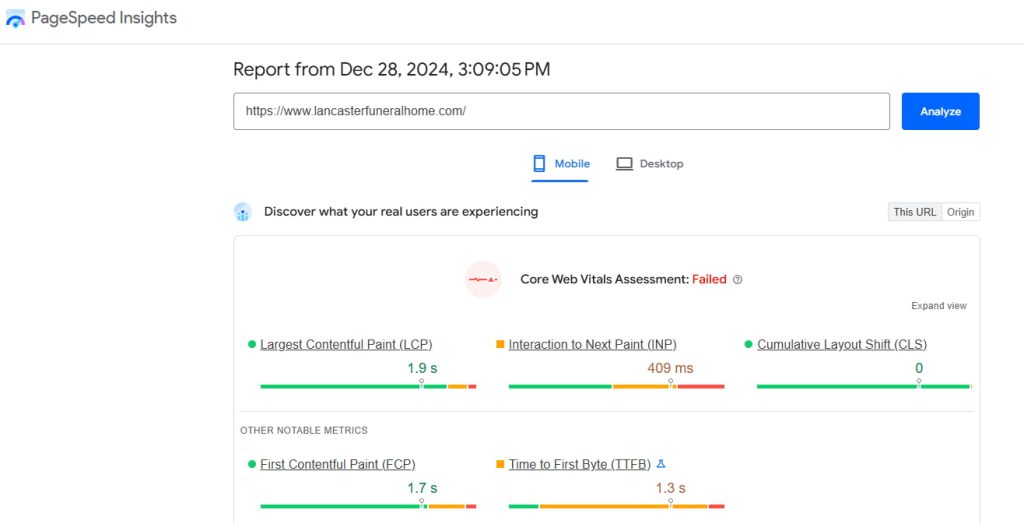 PageSpeed Insights results for a funeral home website