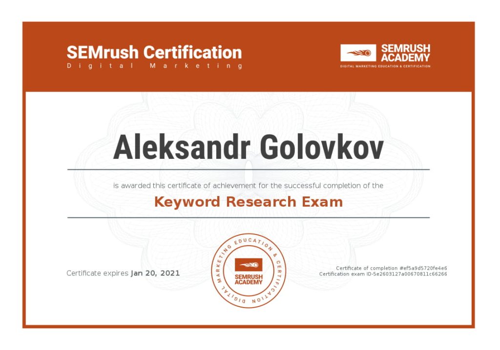 SEMrush Keyword Research Exam Certificate