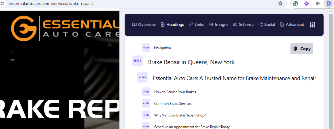 headings structure for brake repair page