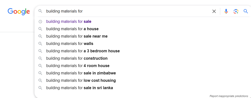 Autocomplete suggestions for building materials in Google