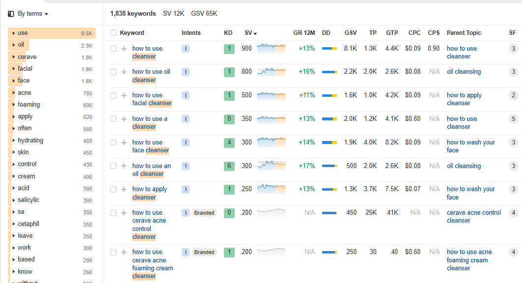 Informational keyword ideas using the term 'cleanser'